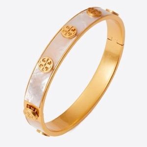 Tory Burch Semiprecious Hinge Logo Mother Of Pearl Bracelet